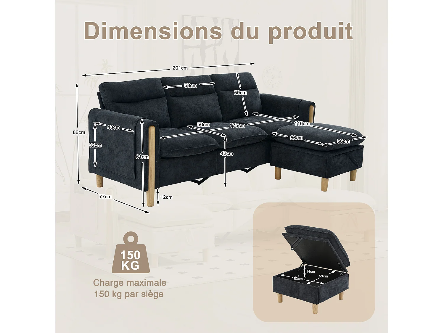 Canapé d'Angle Modulable en Chenille, Canapé 3 Places pour Salon, Appartement ou Bureau, Pieds en Bois Massif Apparents, Coffre de Rangement