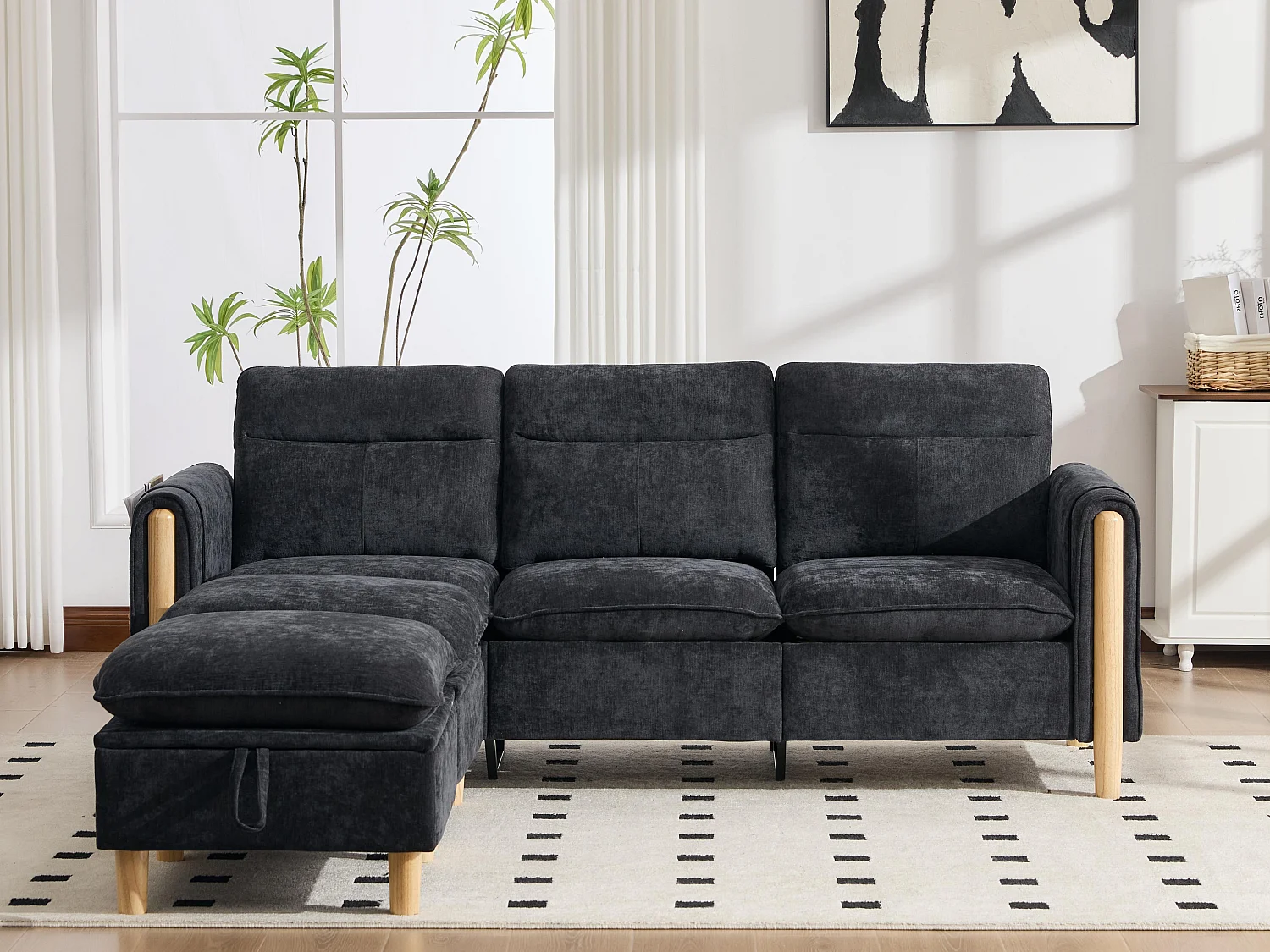 Canapé d'Angle Modulable en Chenille, Canapé 3 Places pour Salon, Appartement ou Bureau, Pieds en Bois Massif Apparents, Coffre de Rangement