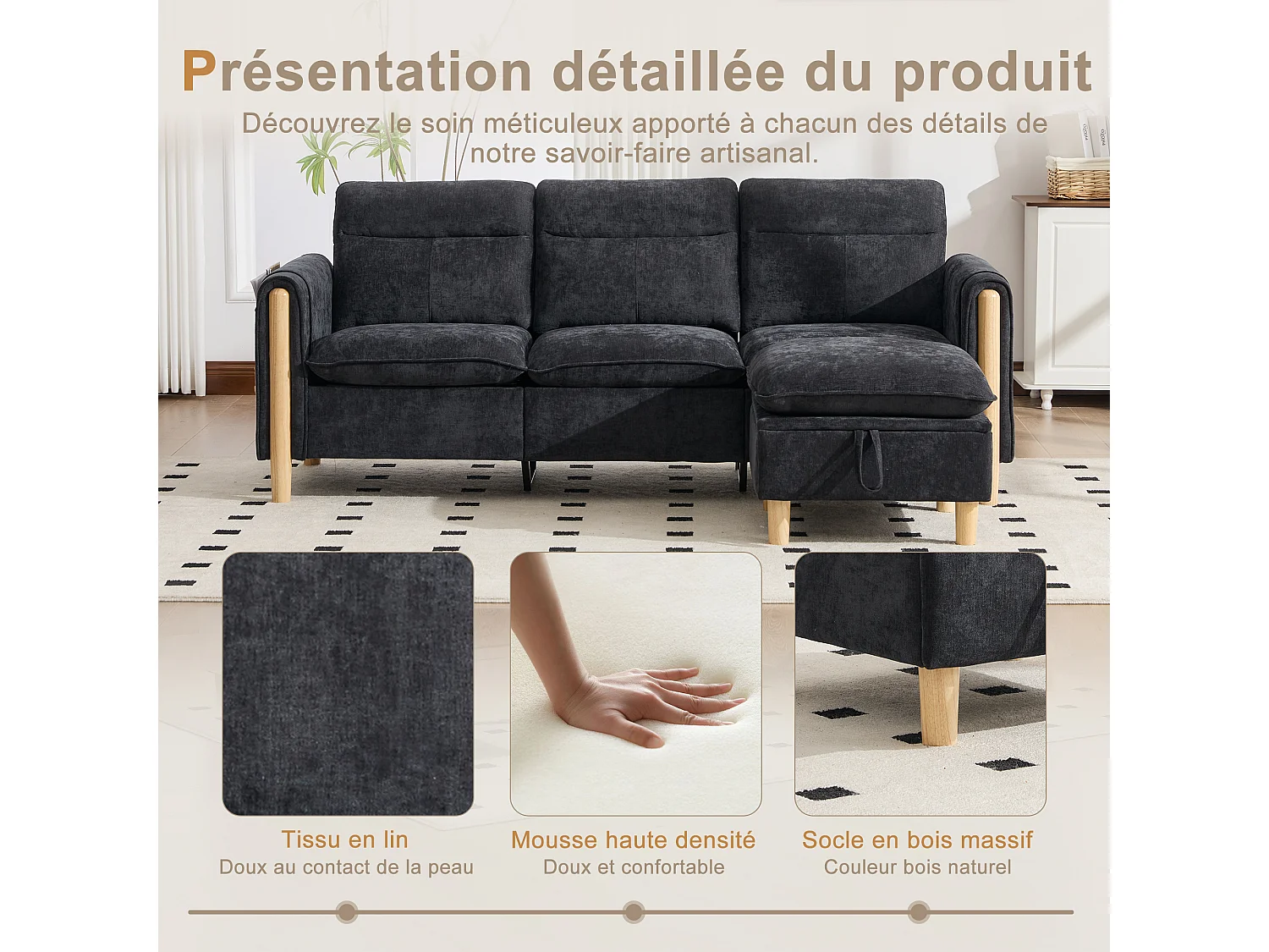 Canapé d'Angle Modulable en Chenille, Canapé 3 Places pour Salon, Appartement ou Bureau, Pieds en Bois Massif Apparents, Coffre de Rangement
