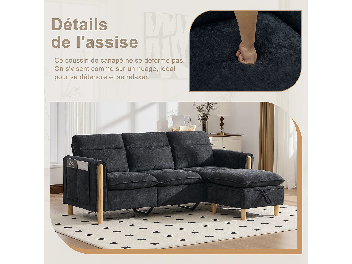 Canapé d'Angle Modulable en Chenille, Canapé 3 Places pour Salon, Appartement ou Bureau, Pieds en Bois Massif Apparents, Coffre de Rangement
