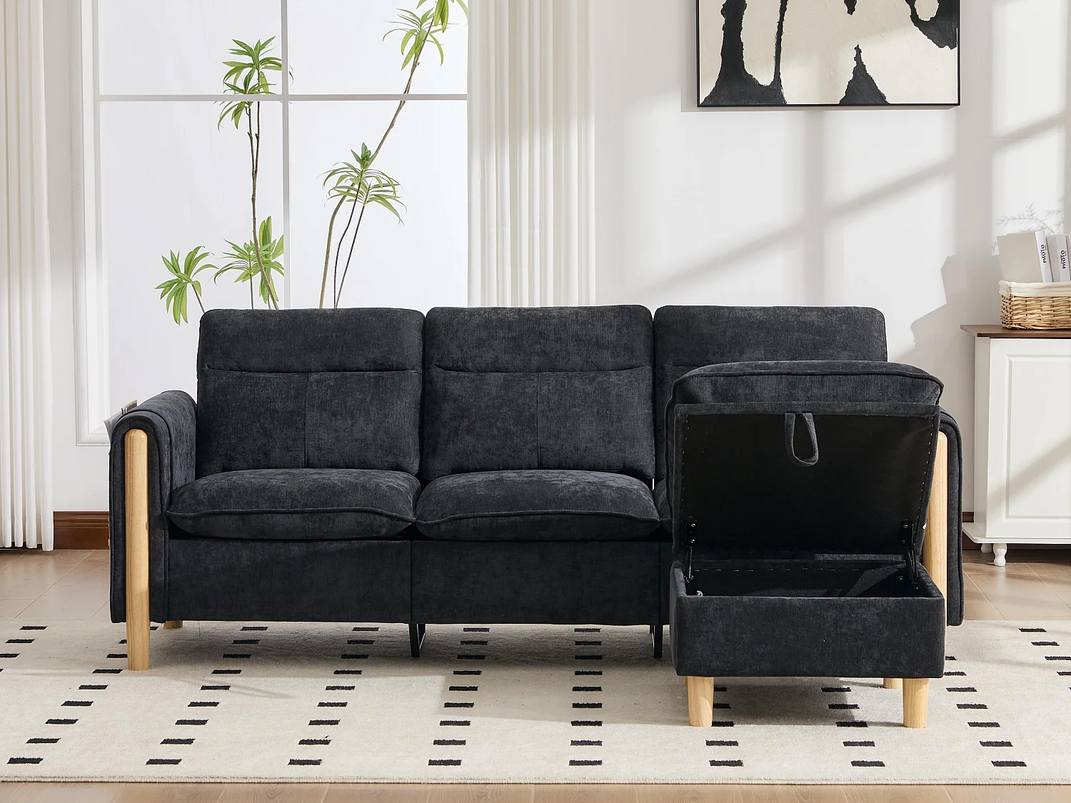 Canapé d'Angle Modulable en Chenille, Canapé 3 Places pour Salon, Appartement ou Bureau, Pieds en Bois Massif Apparents, Coffre de Rangement