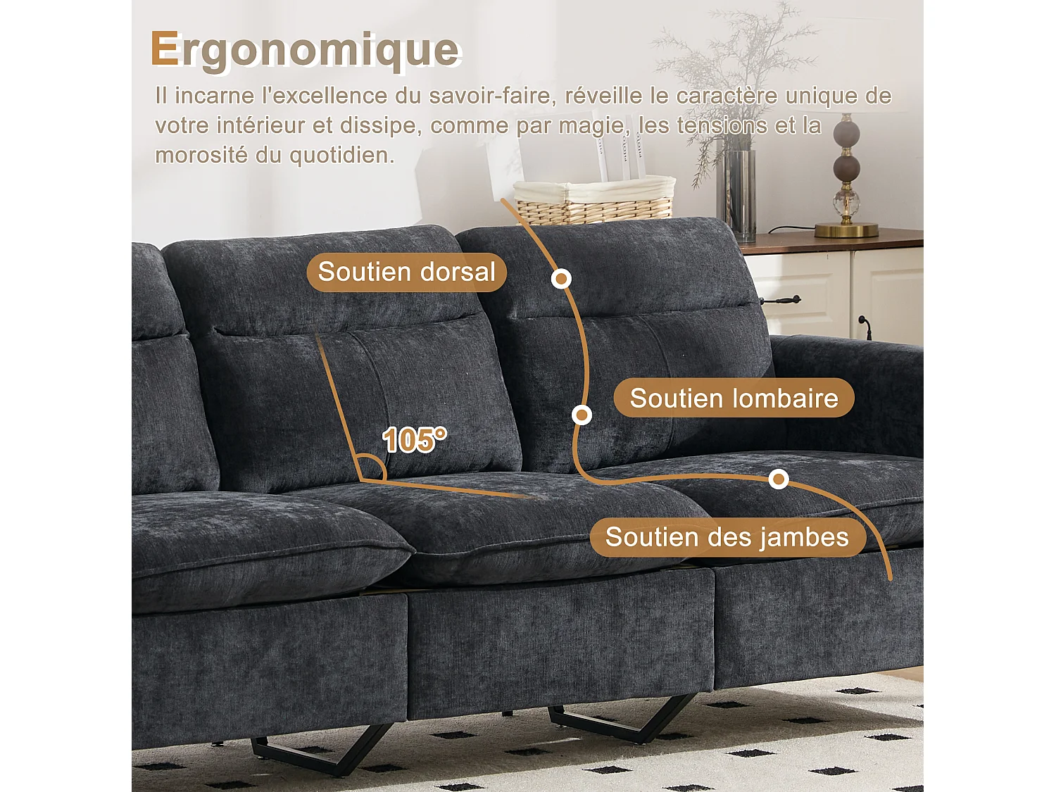 Canapé d'Angle Modulable en Chenille, Canapé 3 Places pour Salon, Appartement ou Bureau, Pieds en Bois Massif Apparents, Coffre de Rangement