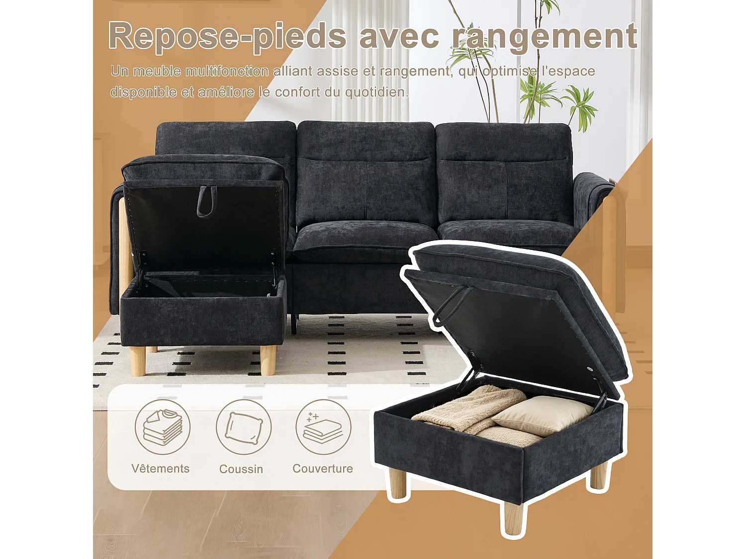 Canapé d'Angle Modulable en Chenille, Canapé 3 Places pour Salon, Appartement ou Bureau, Pieds en Bois Massif Apparents, Coffre de Rangement
