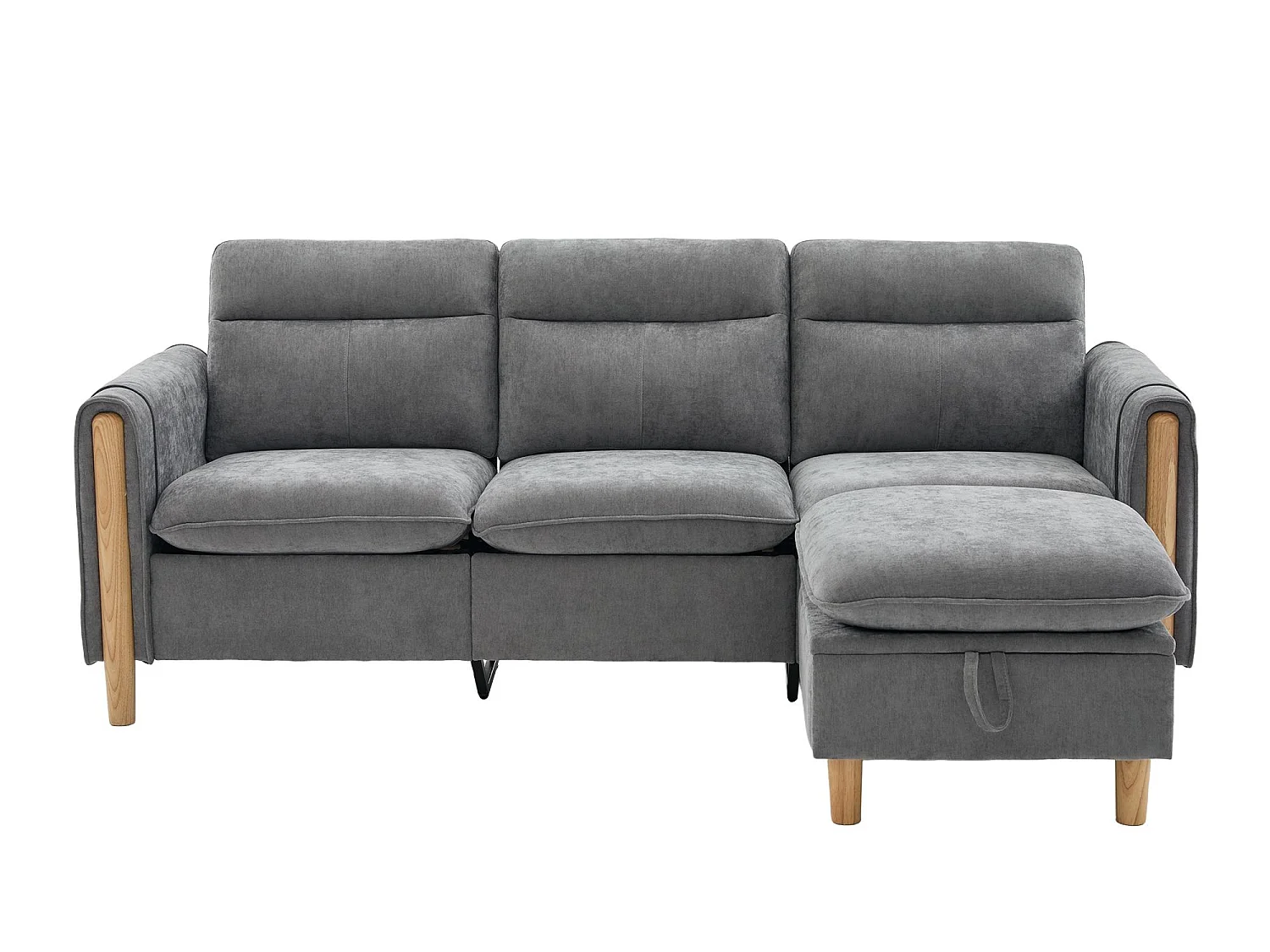 Canapé d'Angle Modulable en Chenille, Canapé 3 Places pour Salon, Appartement ou Bureau, Pieds en Bois Massif Apparents, Coffre de Rangement
