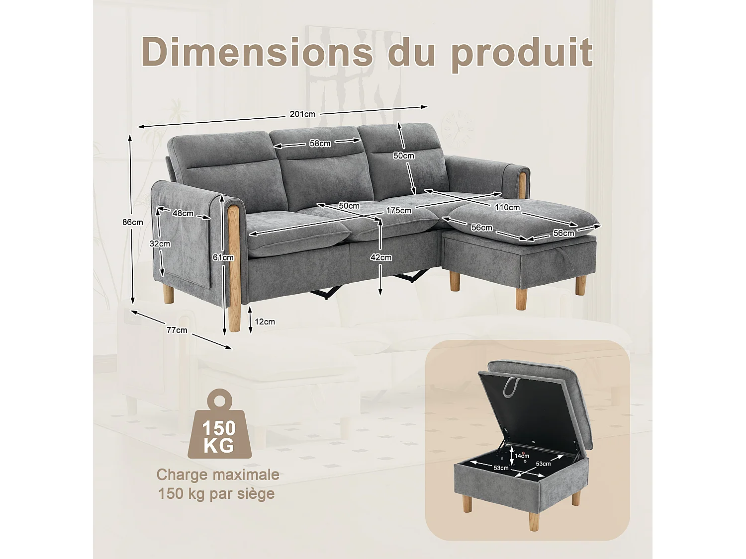 Canapé d'Angle Modulable en Chenille, Canapé 3 Places pour Salon, Appartement ou Bureau, Pieds en Bois Massif Apparents, Coffre de Rangement