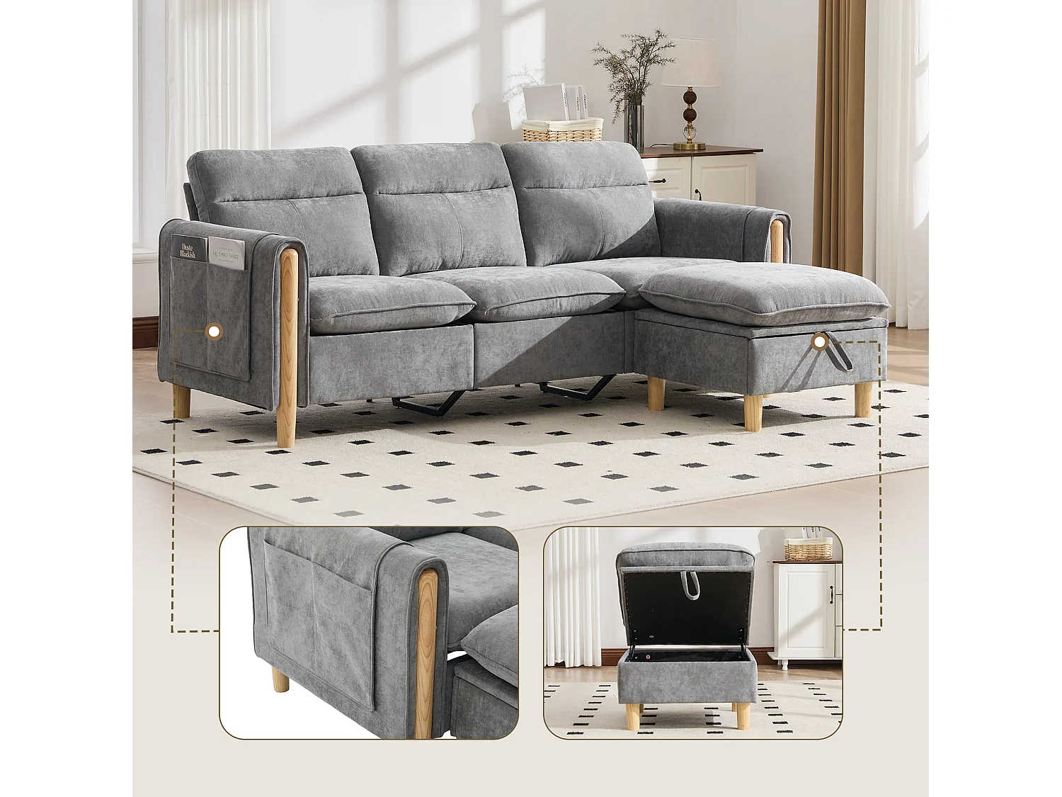 Canapé d'Angle Modulable en Chenille, Canapé 3 Places pour Salon, Appartement ou Bureau, Pieds en Bois Massif Apparents, Coffre de Rangement