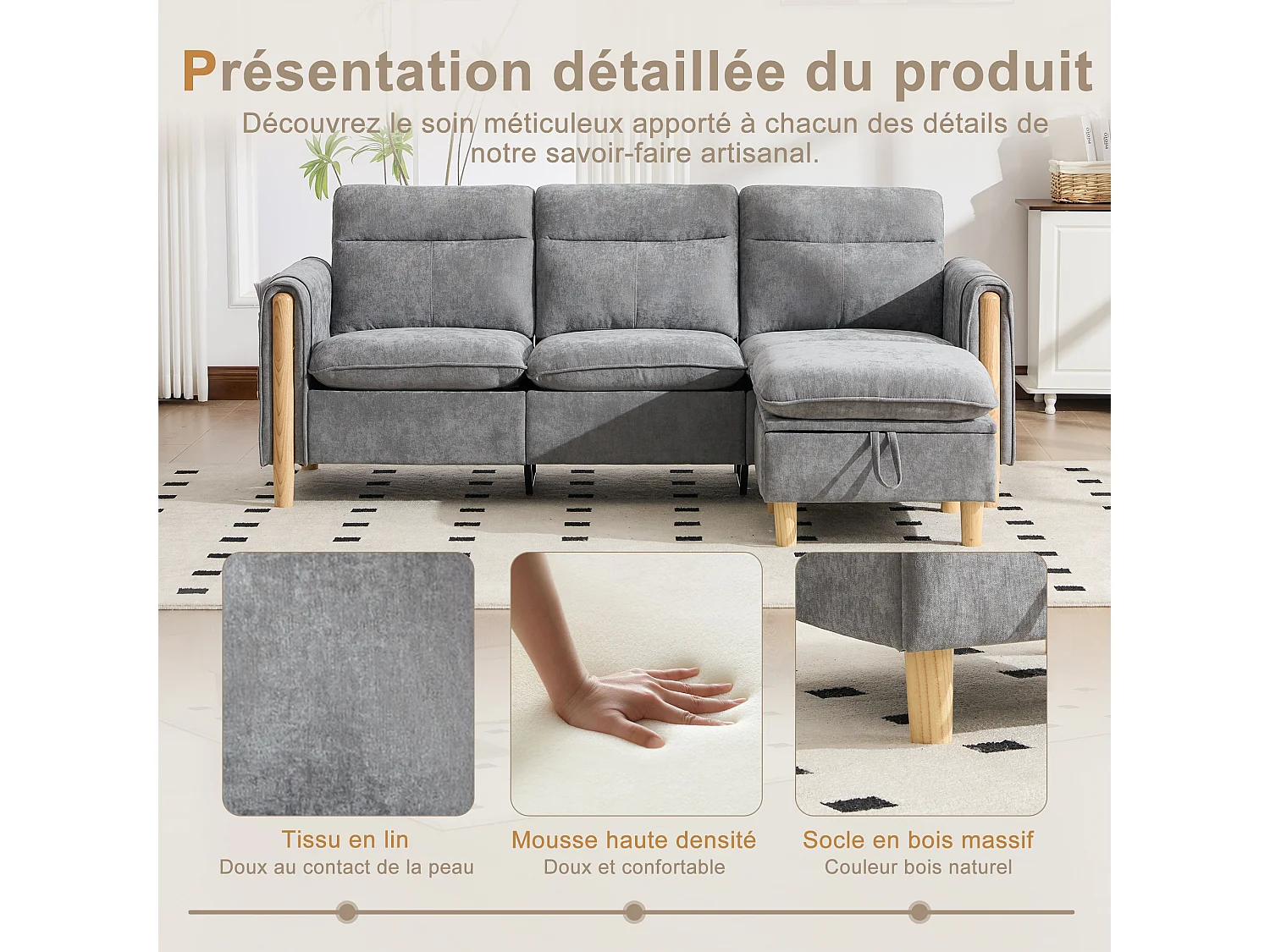 Canapé d'Angle Modulable en Chenille, Canapé 3 Places pour Salon, Appartement ou Bureau, Pieds en Bois Massif Apparents, Coffre de Rangement