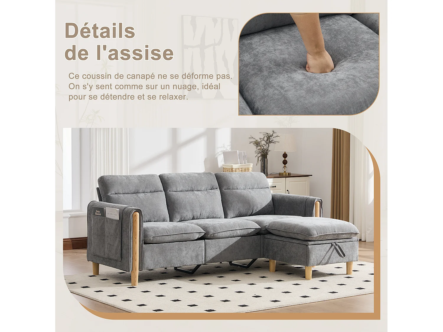 Canapé d'Angle Modulable en Chenille, Canapé 3 Places pour Salon, Appartement ou Bureau, Pieds en Bois Massif Apparents, Coffre de Rangement