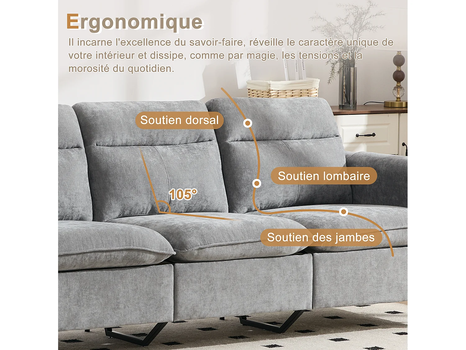 Canapé d'Angle Modulable en Chenille, Canapé 3 Places pour Salon, Appartement ou Bureau, Pieds en Bois Massif Apparents, Coffre de Rangement