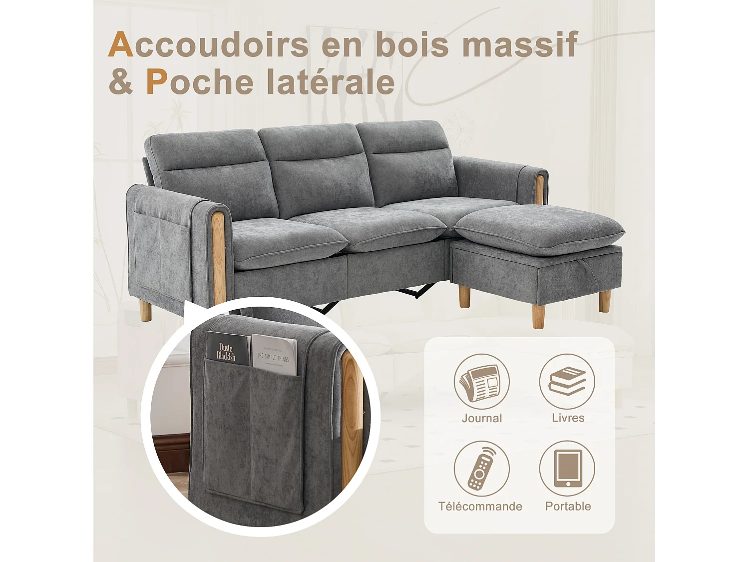 Canapé d'Angle Modulable en Chenille, Canapé 3 Places pour Salon, Appartement ou Bureau, Pieds en Bois Massif Apparents, Coffre de Rangement
