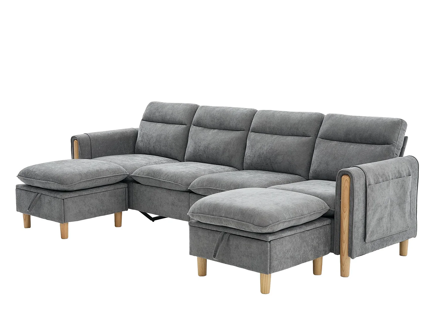 Canapé d'Angle Modulable en Chenille, Canapé 4 Places pour Salon, Appartement ou Bureau, Pieds en Bois Massif Apparents, Coffre de Rangement