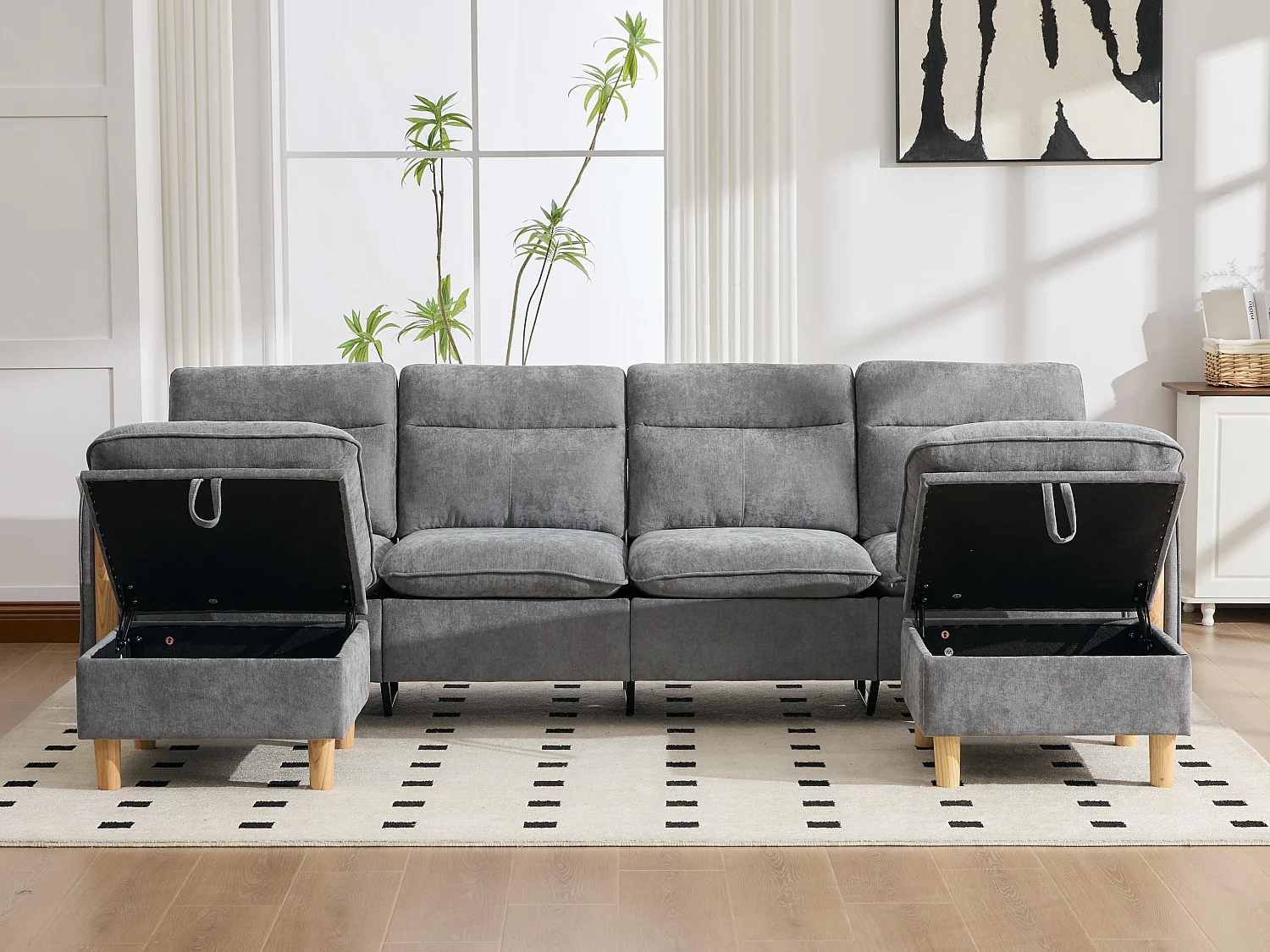 Canapé d'Angle Modulable en Chenille, Canapé 4 Places pour Salon, Appartement ou Bureau, Pieds en Bois Massif Apparents, Coffre de Rangement