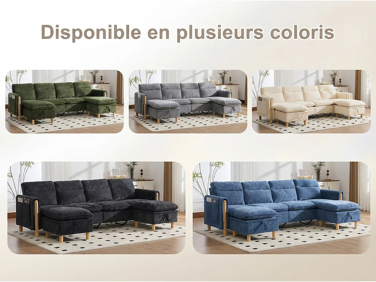 Canapé d'Angle Modulable en Chenille, Canapé 4 Places pour Salon, Appartement ou Bureau, Pieds en Bois Massif Apparents, Coffre de Rangement