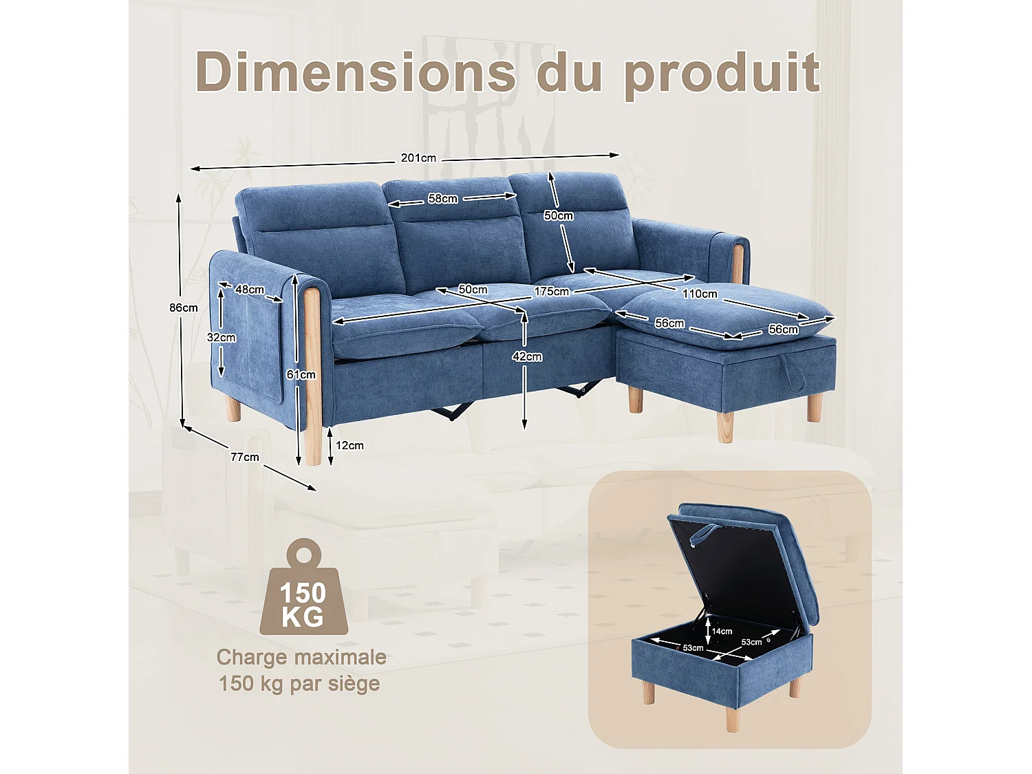 Canapé d'Angle Modulable en Chenille, Canapé 3 Places pour Salon, Appartement ou Bureau, Pieds en Bois Massif Apparents, Coffre de Rangement