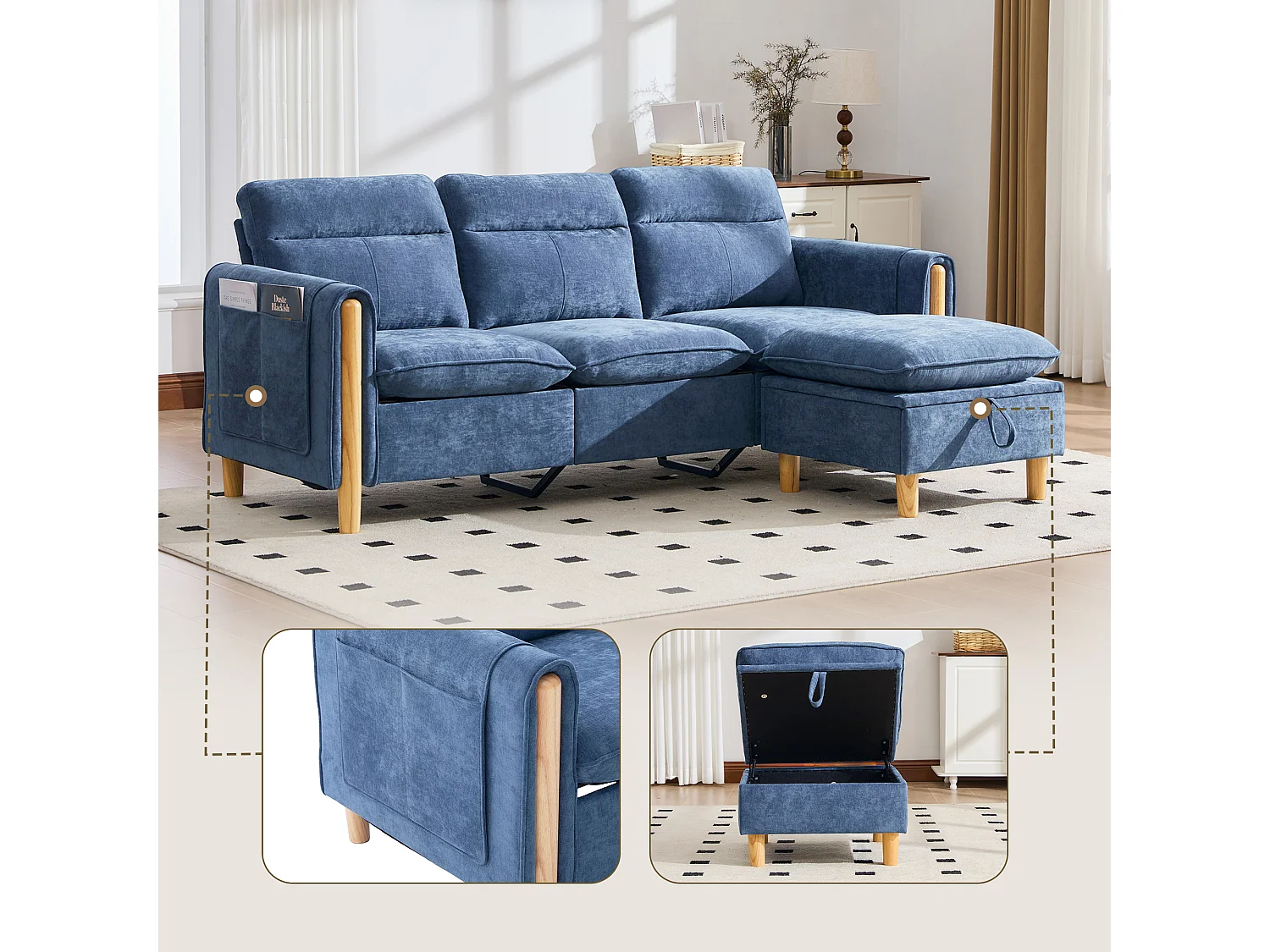 Canapé d'Angle Modulable en Chenille, Canapé 3 Places pour Salon, Appartement ou Bureau, Pieds en Bois Massif Apparents, Coffre de Rangement
