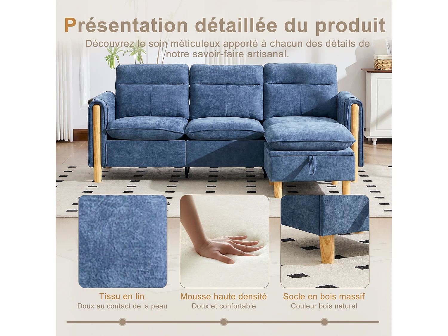 Canapé d'Angle Modulable en Chenille, Canapé 3 Places pour Salon, Appartement ou Bureau, Pieds en Bois Massif Apparents, Coffre de Rangement