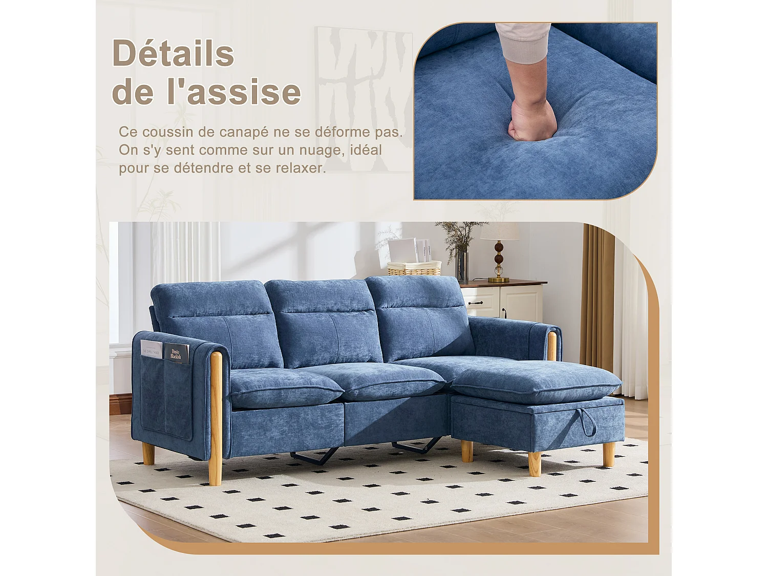 Canapé d'Angle Modulable en Chenille, Canapé 3 Places pour Salon, Appartement ou Bureau, Pieds en Bois Massif Apparents, Coffre de Rangement