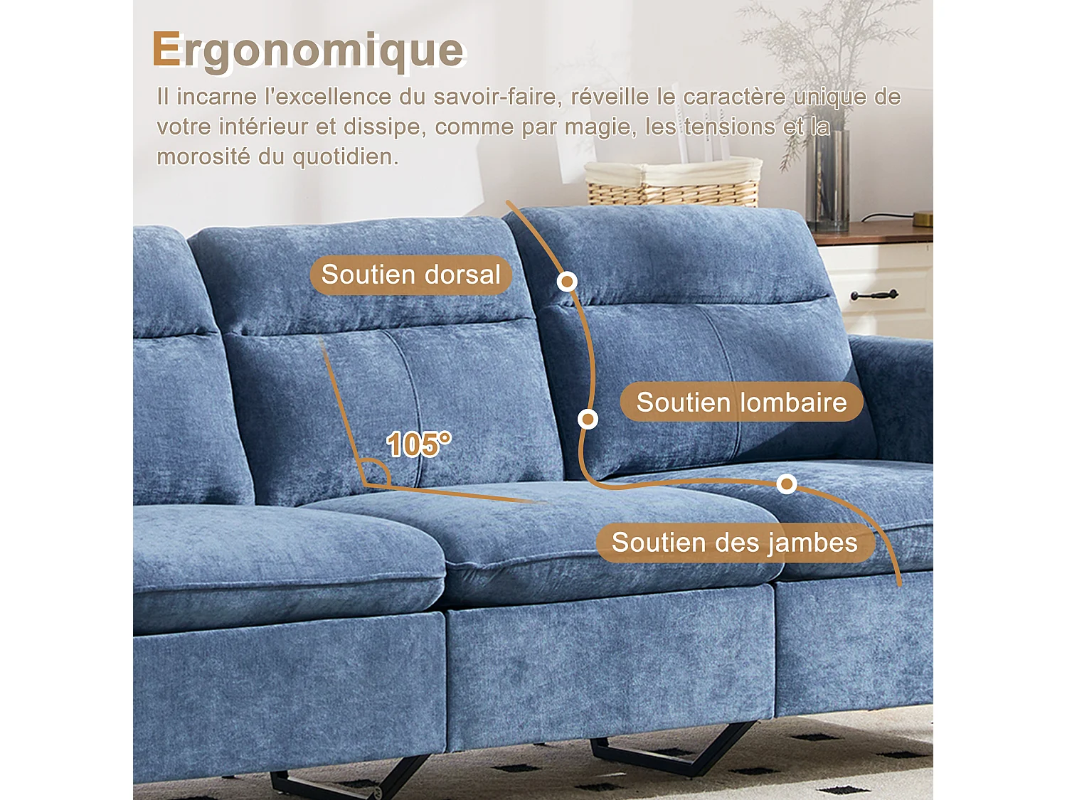Canapé d'Angle Modulable en Chenille, Canapé 3 Places pour Salon, Appartement ou Bureau, Pieds en Bois Massif Apparents, Coffre de Rangement