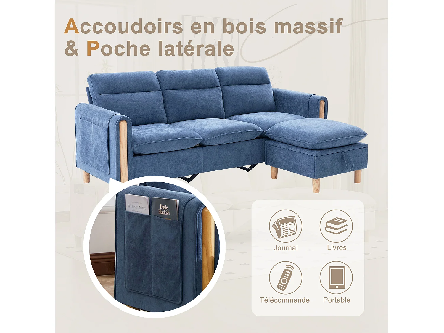Canapé d'Angle Modulable en Chenille, Canapé 3 Places pour Salon, Appartement ou Bureau, Pieds en Bois Massif Apparents, Coffre de Rangement