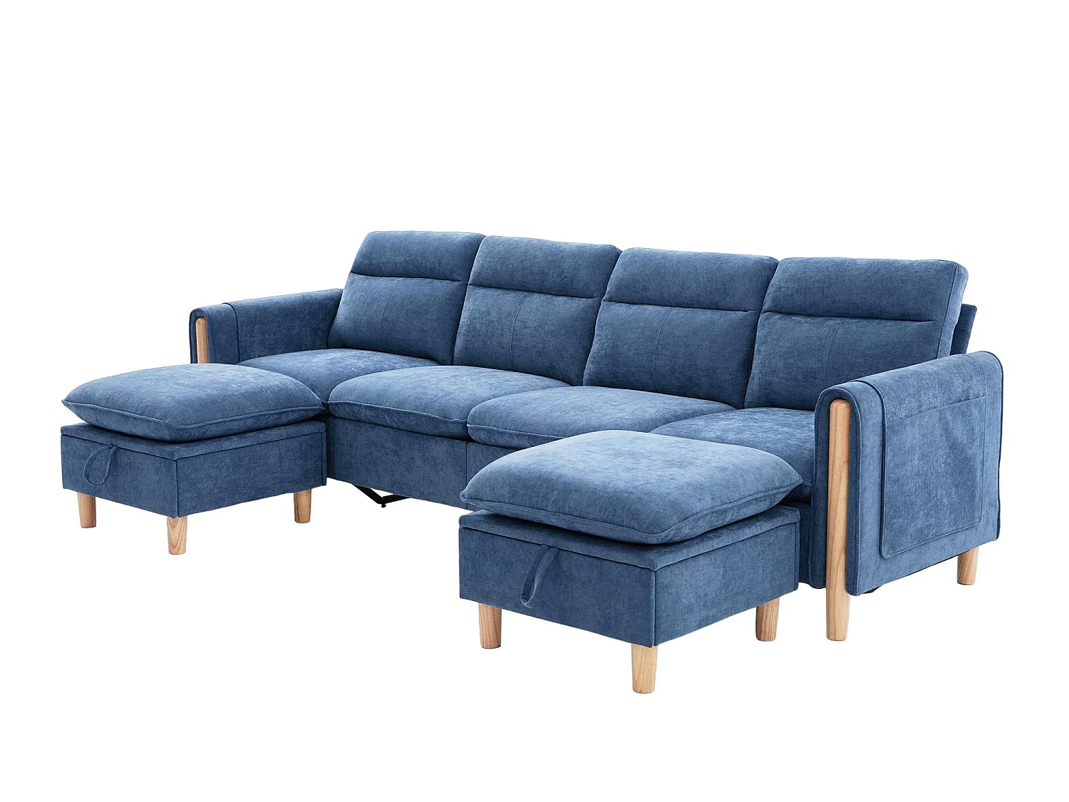 Canapé d'Angle Modulable en Chenille, Canapé 4 Places pour Salon, Appartement ou Bureau, Pieds en Bois Massif Apparents, Coffre de Rangement