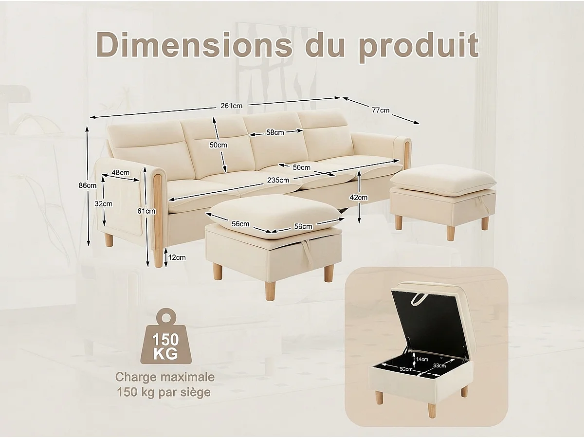 Canapé d'Angle Modulable en Chenille, Canapé 4 Places pour Salon, Appartement ou Bureau, Pieds en Bois Massif Apparents, Coffre de Rangement