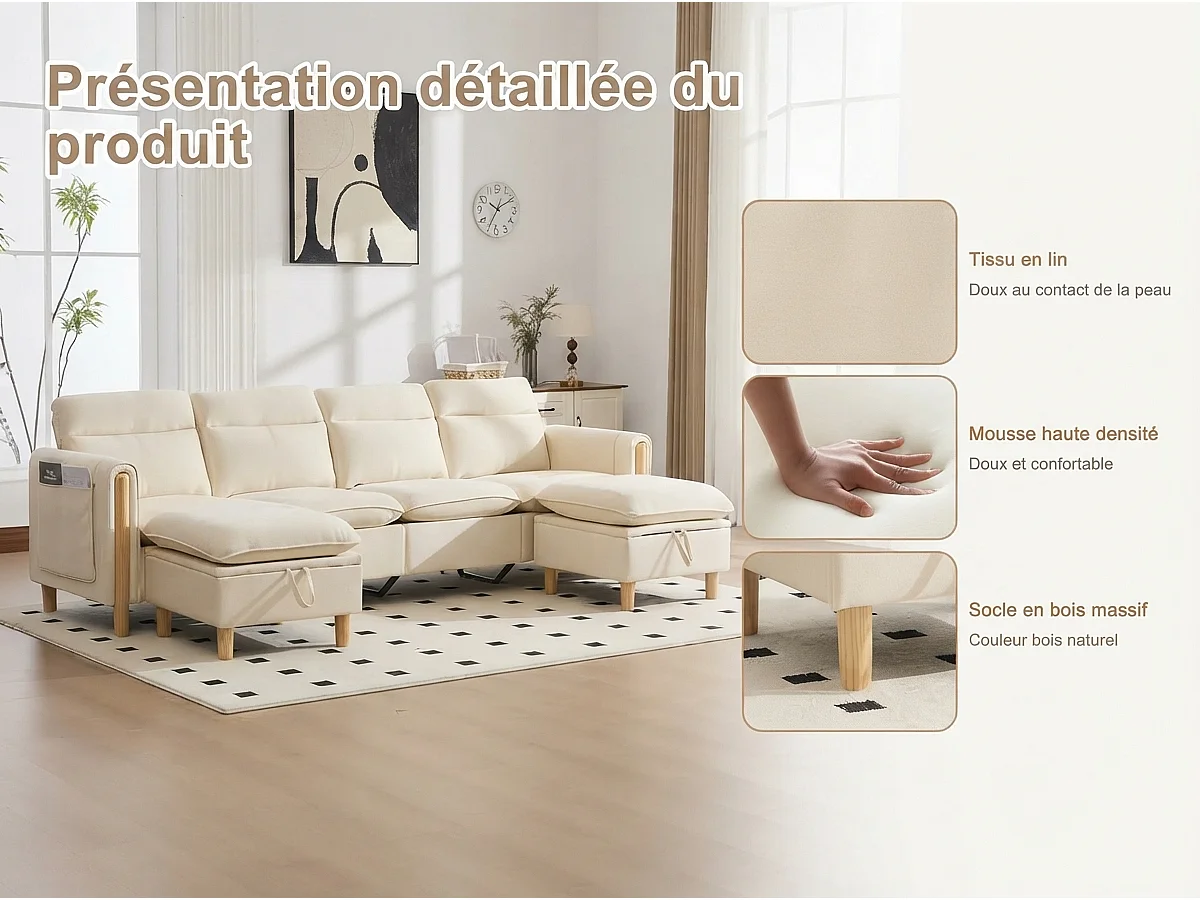 Canapé d'Angle Modulable en Chenille, Canapé 4 Places pour Salon, Appartement ou Bureau, Pieds en Bois Massif Apparents, Coffre de Rangement