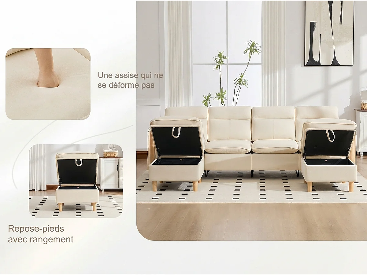 Canapé d'Angle Modulable en Chenille, Canapé 4 Places pour Salon, Appartement ou Bureau, Pieds en Bois Massif Apparents, Coffre de Rangement