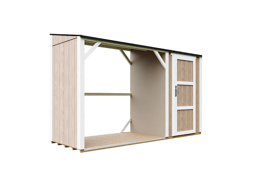 Vedskjul med förråd - 4,14 m² - 345x120xH220 cm - Vedförvaring med slutet förvaringsutrymme - M985-TERRA BROWN