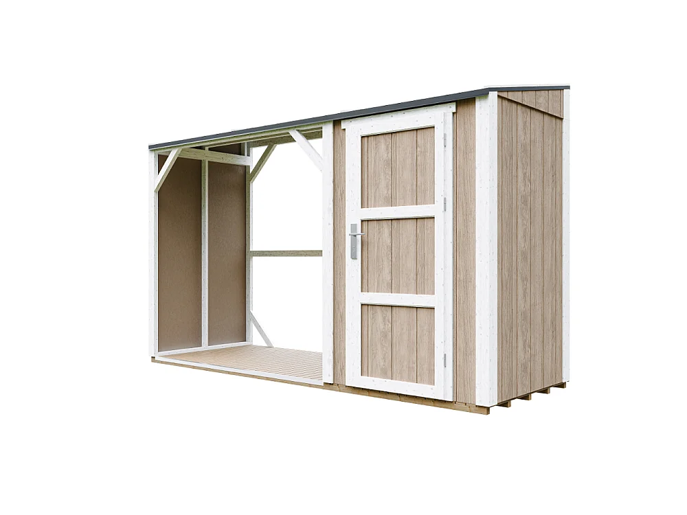 Vedskjul med förråd - 4,14 m² - 345x120xH220 cm - Vedförvaring med slutet förvaringsutrymme - M985-TERRA BROWN