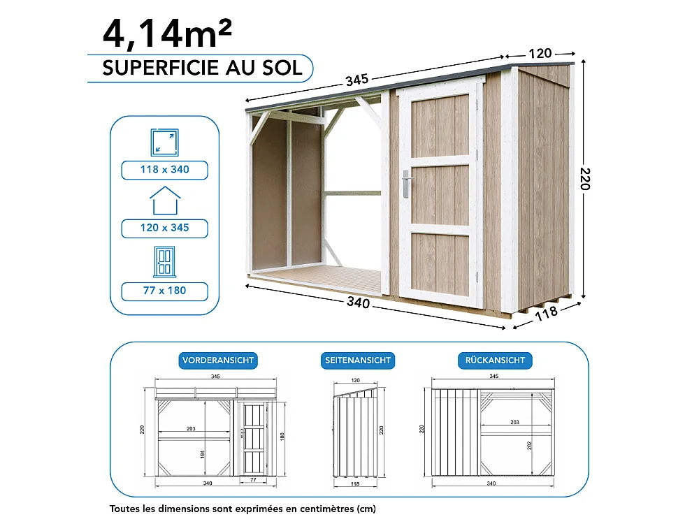 Vedskjul med förråd - 4,14 m² - 345x120xH220 cm - Vedförvaring med slutet förvaringsutrymme - M985-TERRA BROWN