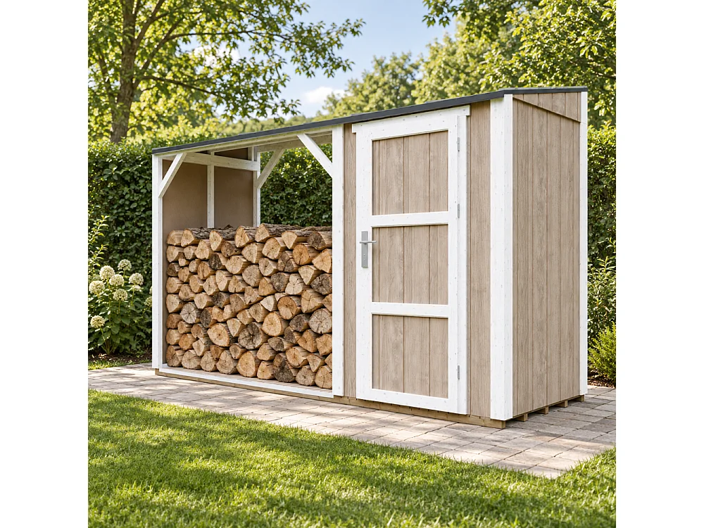 Vedskjul med förråd - 4,14 m² - 345x120xH220 cm - Vedförvaring med slutet förvaringsutrymme - M985-TERRA BROWN