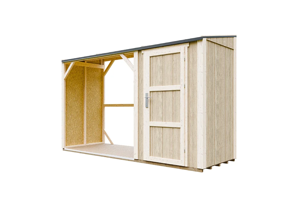 Vedskjul med förråd - 4,14 m² - 345x120xH220 cm - Vedförvaring med slutet förvaringsutrymme - M985