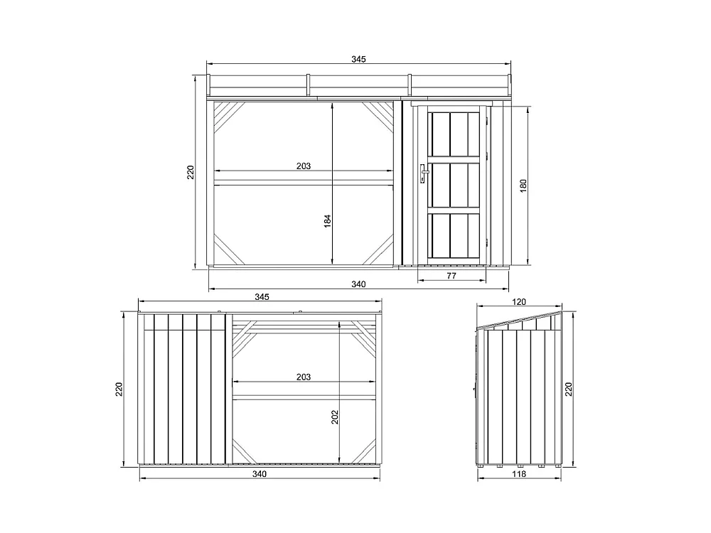 Vedskjul med förråd - 4,14 m² - 345x120xH220 cm - Vedförvaring med slutet förvaringsutrymme - M985