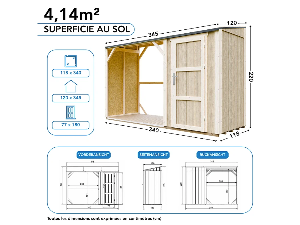 Vedskjul med förråd - 4,14 m² - 345x120xH220 cm - Vedförvaring med slutet förvaringsutrymme - M985