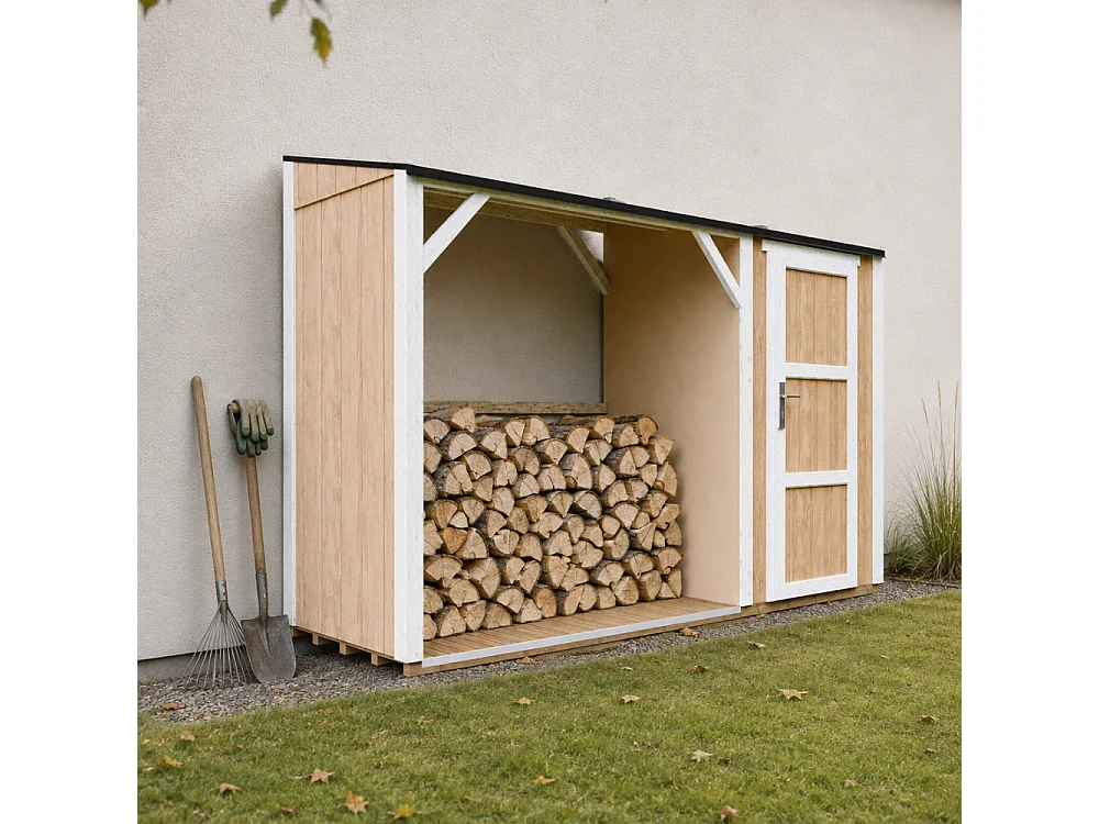 Vedskjul med förråd - 4,14 m² - 345x120xH220 cm - Vedförvaring med slutet förvaringsutrymme - M985-HARVEST HONEY