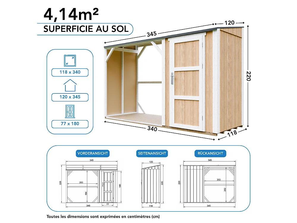 Vedskjul med förråd - 4,14 m² - 345x120xH220 cm - Vedförvaring med slutet förvaringsutrymme - M985-HARVEST HONEY