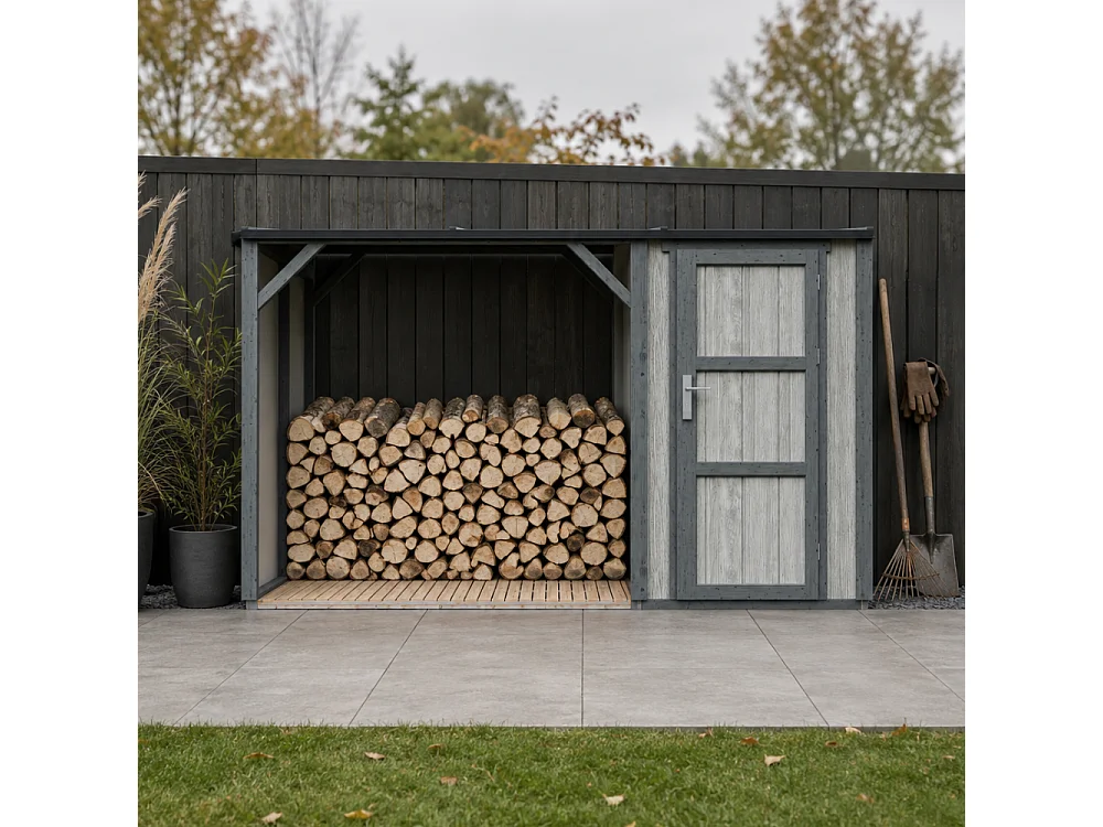 Vedskjul med förråd - 4,14 m² - 345x120xH220 cm - Vedförvaring med slutet förvaringsutrymme - M985-TUNDRA CAVERN