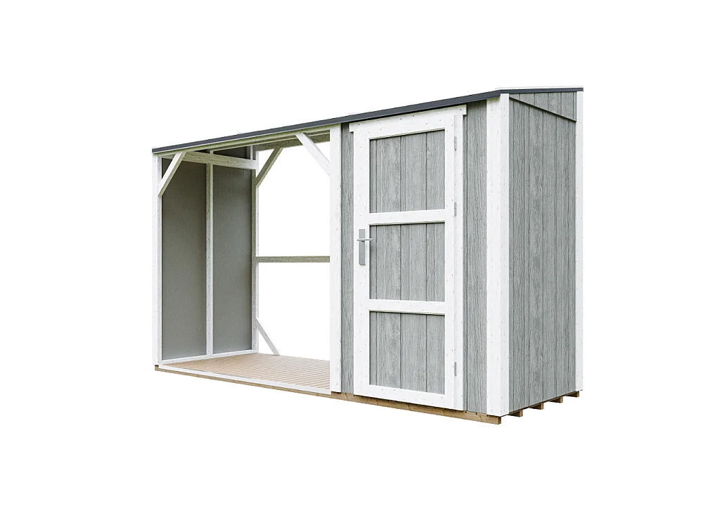 Vedskjul med förråd - 4,14 m² - 345x120xH220 cm - Vedförvaring med slutet förvaringsutrymme - M985-TUNDRA GREY