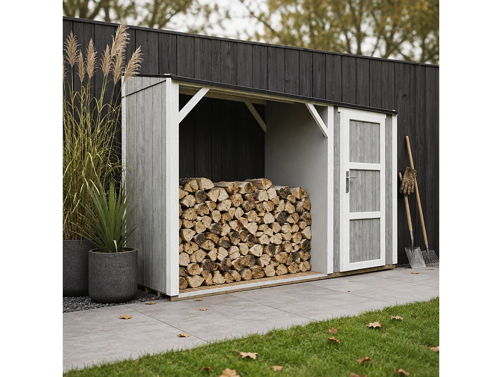 Vedskjul med förråd - 4,14 m² - 345x120xH220 cm - Vedförvaring med slutet förvaringsutrymme - M985-TUNDRA GREY