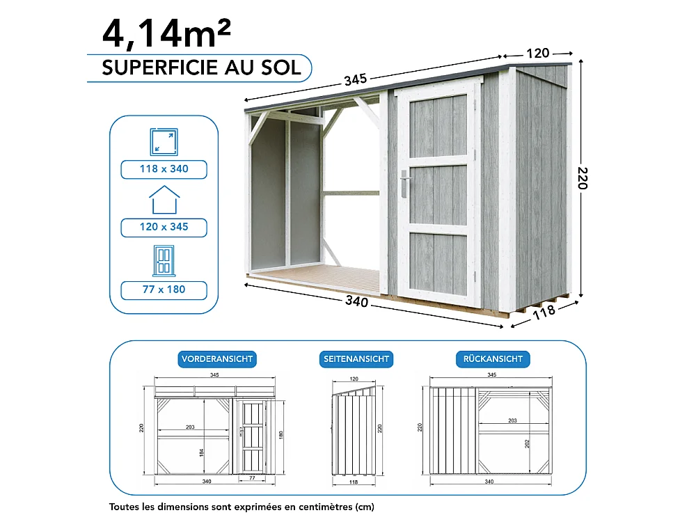Vedskjul med förråd - 4,14 m² - 345x120xH220 cm - Vedförvaring med slutet förvaringsutrymme - M985-TUNDRA GREY