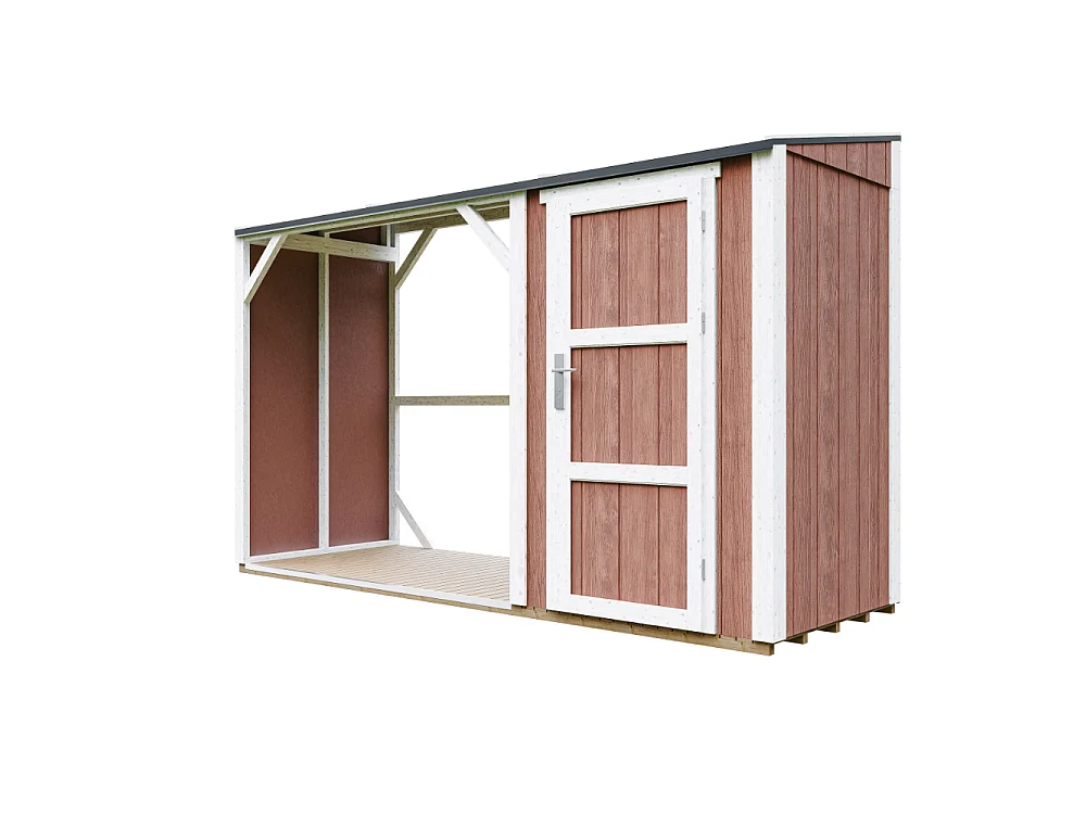 Vedskjul med förråd - 4,14 m² - 345x120xH220 cm - Vedförvaring med slutet förvaringsutrymme - M985-REDWOOD RED