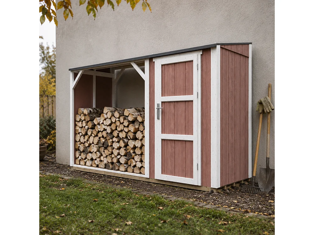 Vedskjul med förråd - 4,14 m² - 345x120xH220 cm - Vedförvaring med slutet förvaringsutrymme - M985-REDWOOD RED