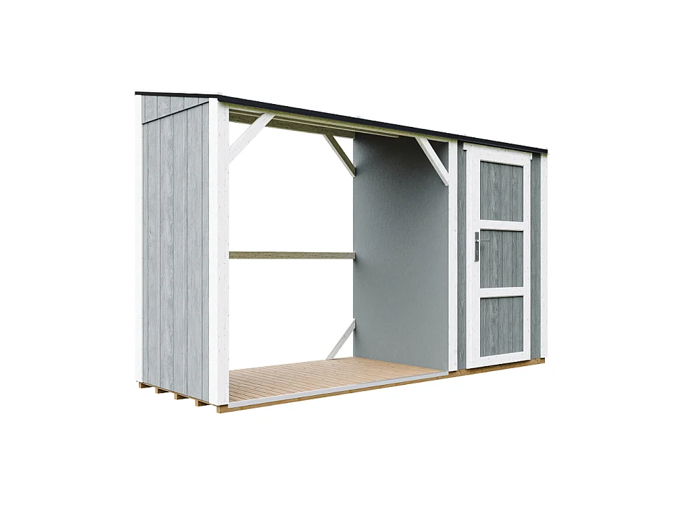 Vedskjul med förråd - 4,14 m² - 345x120xH220 cm - Vedförvaring med slutet förvaringsutrymme - M985-CAVERN STEEL