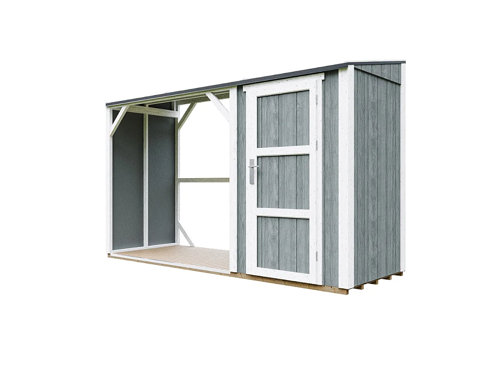 Vedskjul med förråd - 4,14 m² - 345x120xH220 cm - Vedförvaring med slutet förvaringsutrymme - M985-CAVERN STEEL