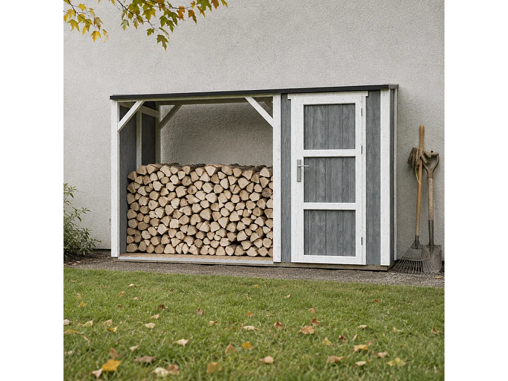 Vedskjul med förråd - 4,14 m² - 345x120xH220 cm - Vedförvaring med slutet förvaringsutrymme - M985-CAVERN STEEL