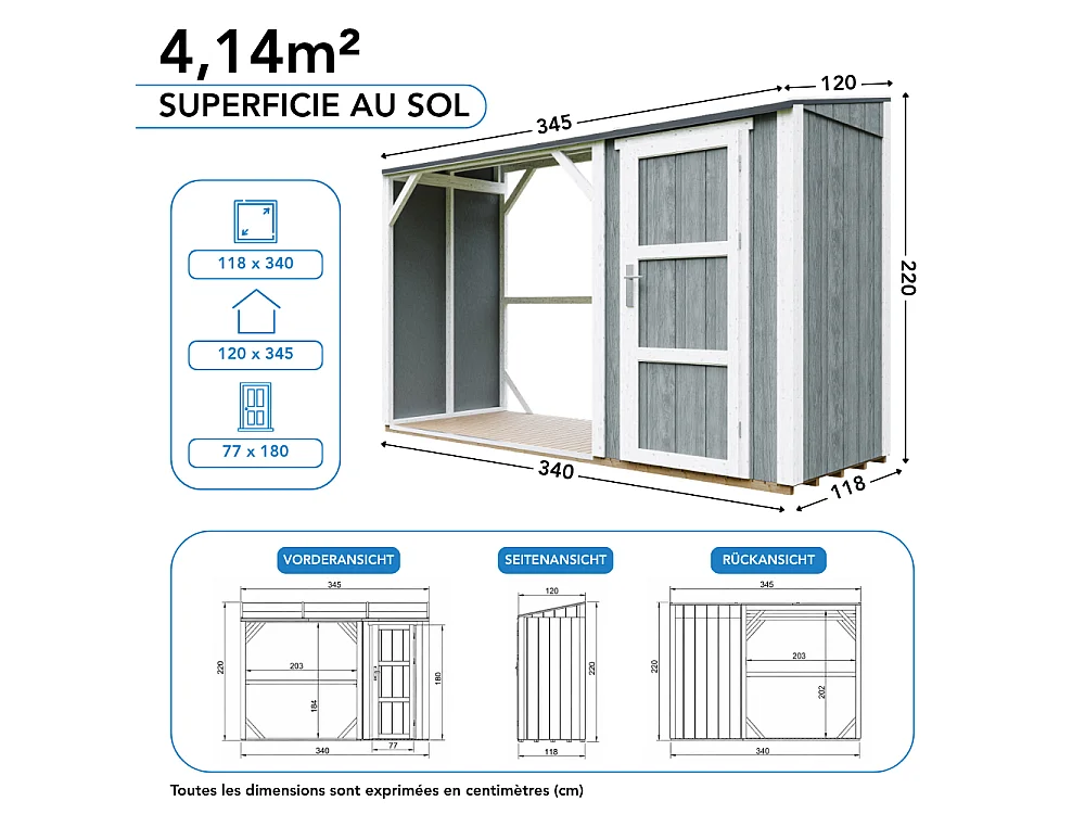Vedskjul med förråd - 4,14 m² - 345x120xH220 cm - Vedförvaring med slutet förvaringsutrymme - M985-CAVERN STEEL