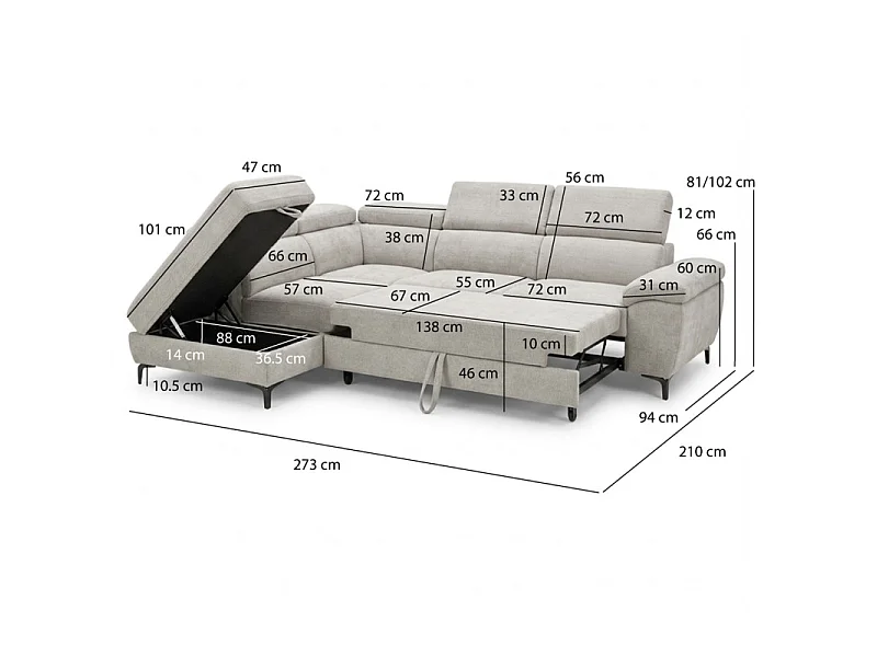 Canapé d'angle gauche convertible en tissu doux gris clair - JULIO
