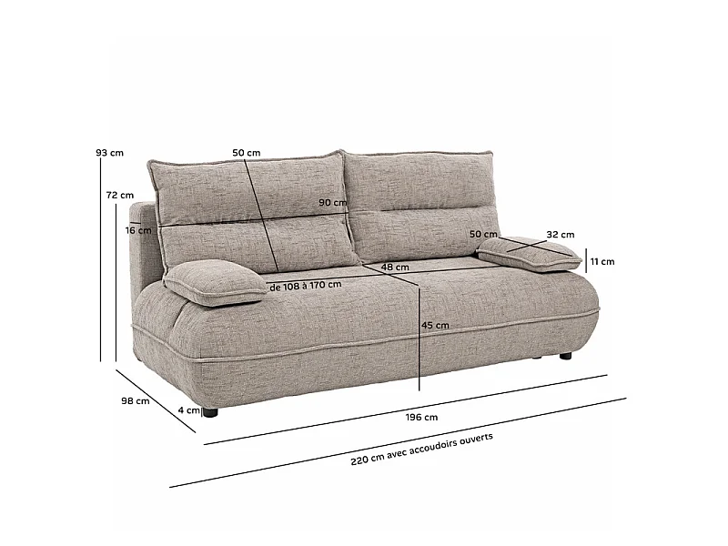 Canapé droit convertible 3p tissu taupe accoudoirs amovibles – RAMONA