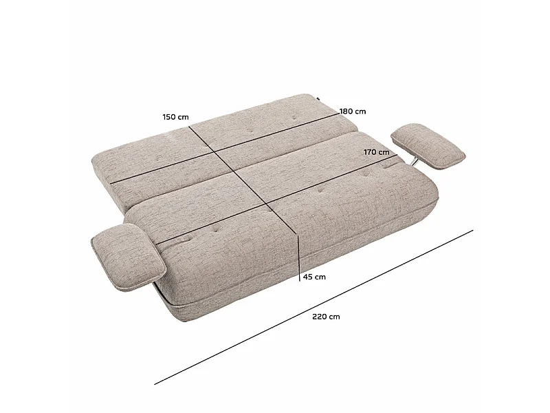 Canapé droit convertible 3p tissu taupe accoudoirs amovibles – RAMONA