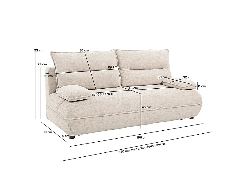 Canapé droit convertible 3p tissu beige accoudoirs amovibles – RAMONA